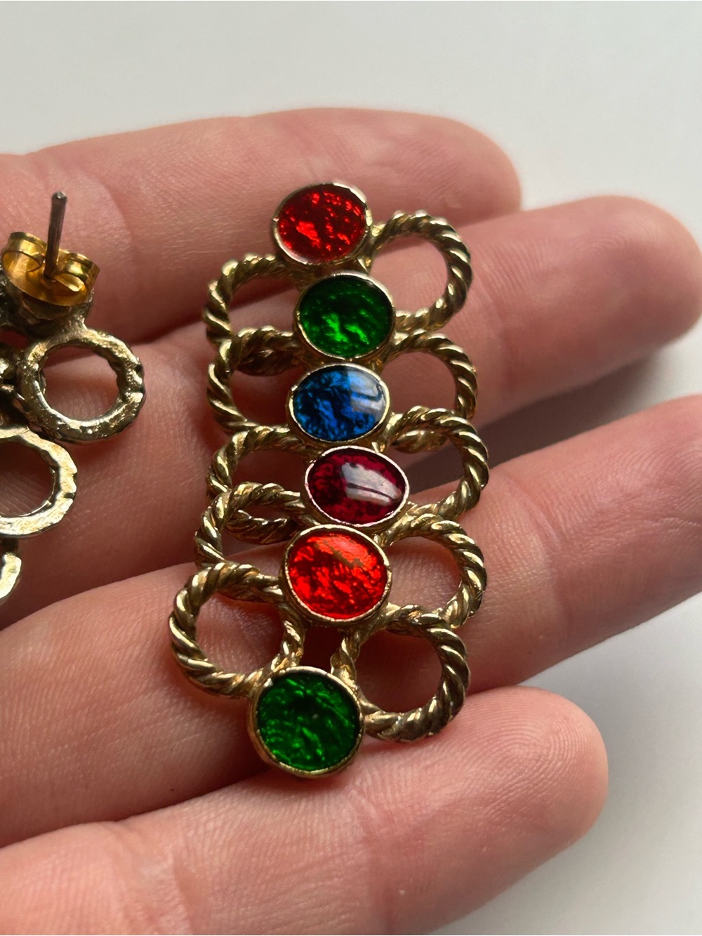 Vintage 80s Multicolor Cabochon Gold Drop Dangle Statement Earrings Runway - Picture 10 of 12